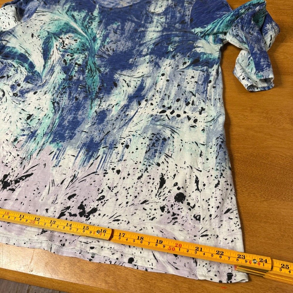 Weekends by Chicos Top Women 2 L Blue Abstract Feather 3/4 Sleeve Cotton Casual - Picture 8 of 10
